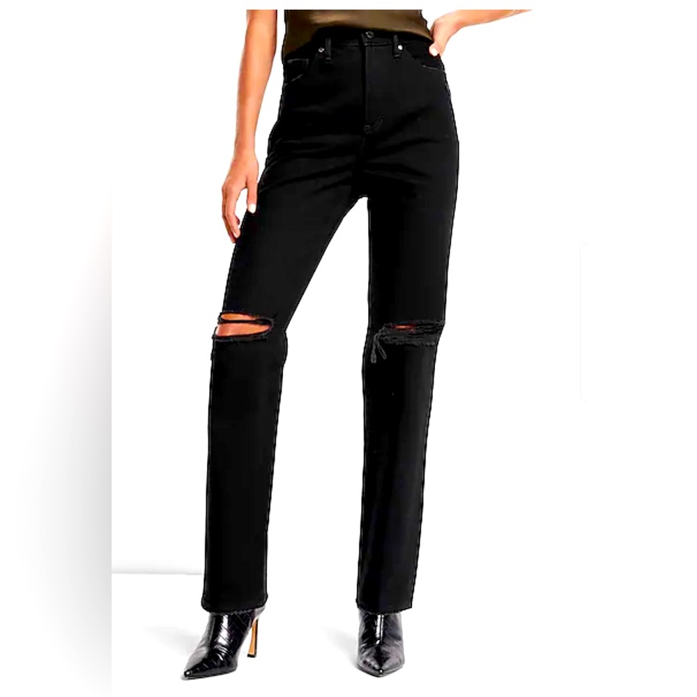 Express Modern Straight super high rise jeans black rinse ripped 0Long